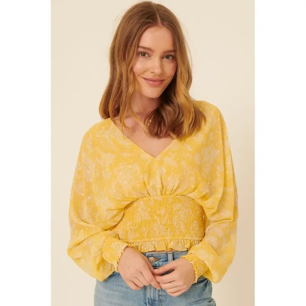 Promesa Yellow V-Neck Smocked-Waist Blouse